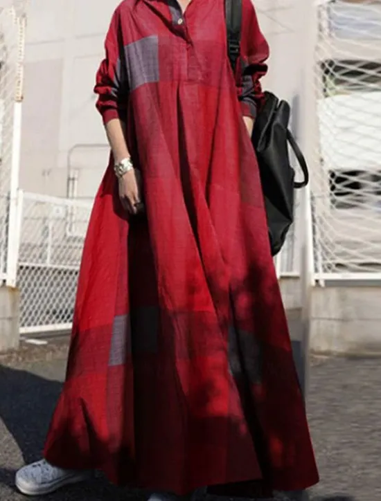 Clearance Women's Maxi Dress Cotton Linen Dresses Casual Dress Swing Dress Vintage Stylish Basic Vacation Work Daily Loose Fit Plaid Long Sleeve Shirt Collar Yellow Red Blue Spring Fall Women Dresses