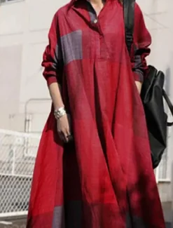 Clearance Women's Maxi Dress Cotton Linen Dresses Casual Dress Swing Dress Vintage Stylish Basic Vacation Work Daily Loose Fit Plaid Long Sleeve Shirt Collar Yellow Red Blue Spring Fall Women Dresses