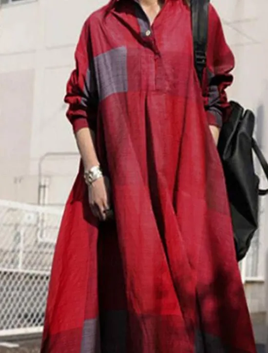 Clearance Women's Maxi Dress Cotton Linen Dresses Casual Dress Swing Dress Vintage Stylish Basic Vacation Work Daily Loose Fit Plaid Long Sleeve Shirt Collar Yellow Red Blue Spring Fall Women Dresses