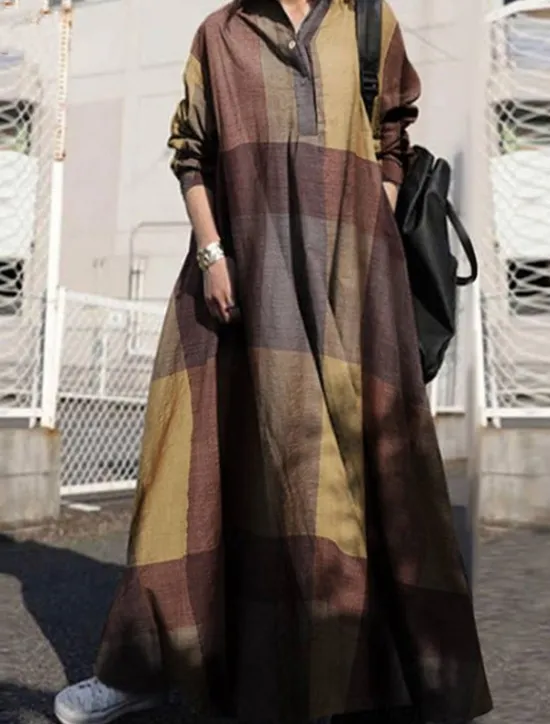 Clearance Women's Maxi Dress Cotton Linen Dresses Casual Dress Swing Dress Vintage Stylish Basic Vacation Work Daily Loose Fit Plaid Long Sleeve Shirt Collar Yellow Red Blue Spring Fall Women Dresses