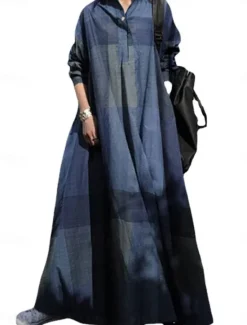Clearance Women's Maxi Dress Cotton Linen Dresses Casual Dress Swing Dress Vintage Stylish Basic Vacation Work Daily Loose Fit Plaid Long Sleeve Shirt Collar Yellow Red Blue Spring Fall Women Dresses