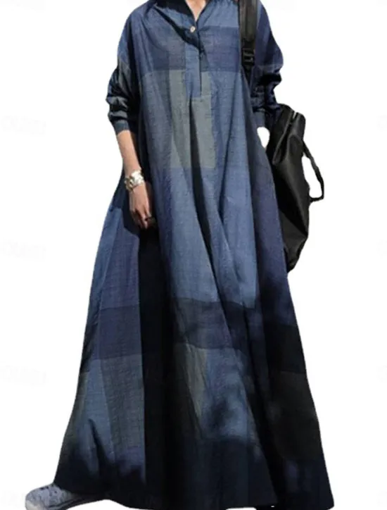 Clearance Women's Maxi Dress Cotton Linen Dresses Casual Dress Swing Dress Vintage Stylish Basic Vacation Work Daily Loose Fit Plaid Long Sleeve Shirt Collar Yellow Red Blue Spring Fall Women Dresses