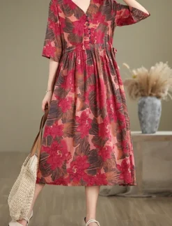 Best Women's Maxi Dress Cotton Linen Dresses Casual Dress Basic Casual Vacation Daily Regular Fit Floral Short Sleeve V Neck Summer Women Dresses