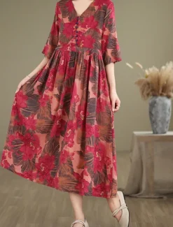 Best Women's Maxi Dress Cotton Linen Dresses Casual Dress Basic Casual Vacation Daily Regular Fit Floral Short Sleeve V Neck Summer Women Dresses