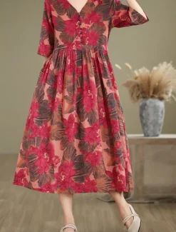 Best Women's Maxi Dress Cotton Linen Dresses Casual Dress Basic Casual Vacation Daily Regular Fit Floral Short Sleeve V Neck Summer Women Dresses