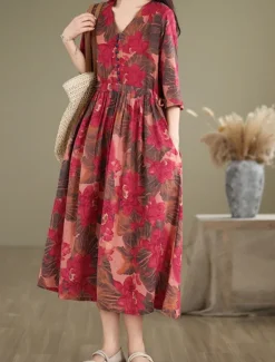 Best Women's Maxi Dress Cotton Linen Dresses Casual Dress Basic Casual Vacation Daily Regular Fit Floral Short Sleeve V Neck Summer Women Dresses