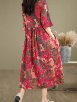 Best Women's Maxi Dress Cotton Linen Dresses Casual Dress Basic Casual Vacation Daily Regular Fit Floral Short Sleeve V Neck Summer Women Dresses