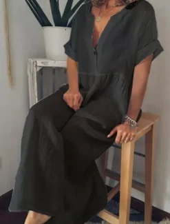 Discount Women's Maxi Dress Cotton Linen Dresses Casual Dress Basic Casual Vacation Daily Regular Fit Plain Short Sleeve V Neck Black White Purple Light Blue Summer Women Dresses