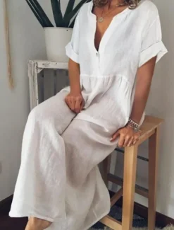 Discount Women's Maxi Dress Cotton Linen Dresses Casual Dress Basic Casual Vacation Daily Regular Fit Plain Short Sleeve V Neck Black White Purple Light Blue Summer Women Dresses