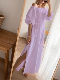 Clearance Women's Maxi Dress Elegant Bohemia Stylish Flared Sleeve Vacation Daily Regular Fit Plain Half Sleeve Off Shoulder Summer Spring Women Cocktail Dress