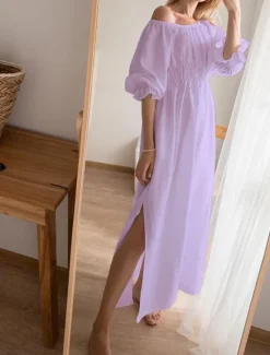 Clearance Women's Maxi Dress Elegant Bohemia Stylish Flared Sleeve Vacation Daily Regular Fit Plain Half Sleeve Off Shoulder Summer Spring Women Cocktail Dress