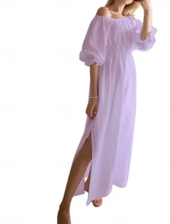 Clearance Women's Maxi Dress Elegant Bohemia Stylish Flared Sleeve Vacation Daily Regular Fit Plain Half Sleeve Off Shoulder Summer Spring Women Cocktail Dress