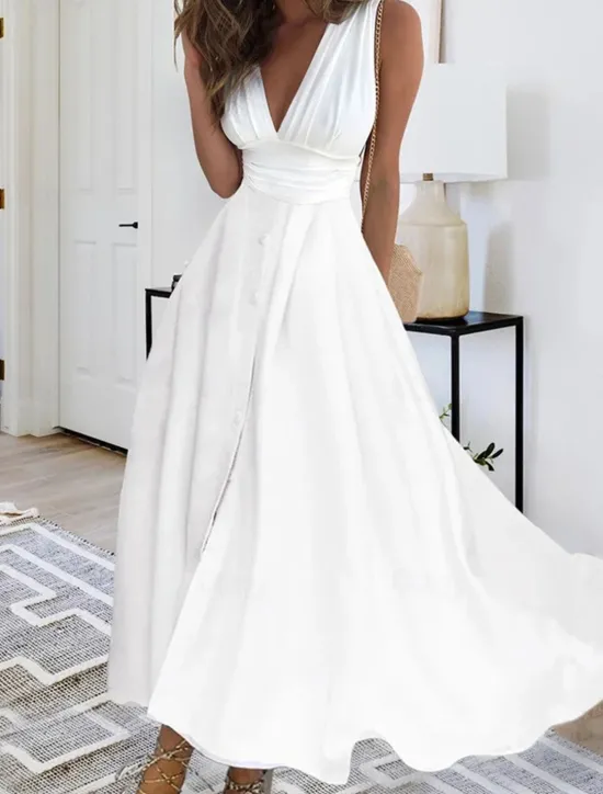 Best Women's Maxi Dress Elegant White V-Neck Sleeveless Cinched Waist A-Line Formal Evening Wedding Prom Spring Summer Full Size Flattering Fit Clothing Apparel Women White Dresses