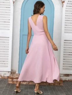 Best Women's Maxi Dress Elegant White V-Neck Sleeveless Cinched Waist A-Line Formal Evening Wedding Prom Spring Summer Full Size Flattering Fit Clothing Apparel Women White Dresses