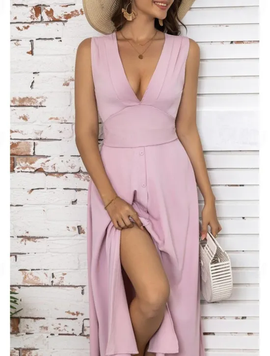 Best Women's Maxi Dress Elegant White V-Neck Sleeveless Cinched Waist A-Line Formal Evening Wedding Prom Spring Summer Full Size Flattering Fit Clothing Apparel Women White Dresses