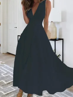 Best Women's Maxi Dress Elegant White V-Neck Sleeveless Cinched Waist A-Line Formal Evening Wedding Prom Spring Summer Full Size Flattering Fit Clothing Apparel Women White Dresses