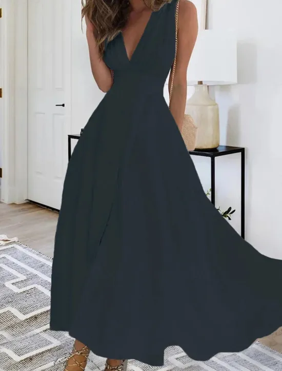 Best Women's Maxi Dress Elegant White V-Neck Sleeveless Cinched Waist A-Line Formal Evening Wedding Prom Spring Summer Full Size Flattering Fit Clothing Apparel Women White Dresses