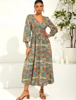 Best Women's Maxi Dress Ethnic Dress Swing Dress Elegant Stylish Vacation Loose Fit Graphic Paisley Long Sleeve V Neck Summer Spring Women Spring Dresses