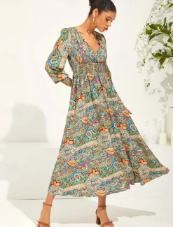 Best Women's Maxi Dress Ethnic Dress Swing Dress Elegant Stylish Vacation Loose Fit Graphic Paisley Long Sleeve V Neck Summer Spring Women Spring Dresses