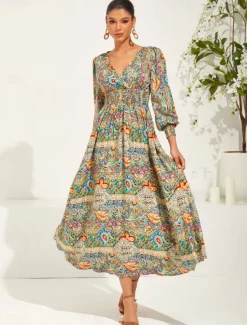 Best Women's Maxi Dress Ethnic Dress Swing Dress Elegant Stylish Vacation Loose Fit Graphic Paisley Long Sleeve V Neck Summer Spring Women Spring Dresses