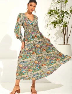 Best Women's Maxi Dress Ethnic Dress Swing Dress Elegant Stylish Vacation Loose Fit Graphic Paisley Long Sleeve V Neck Summer Spring Women Spring Dresses