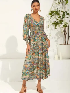 Best Women's Maxi Dress Ethnic Dress Swing Dress Elegant Stylish Vacation Loose Fit Graphic Paisley Long Sleeve V Neck Summer Spring Women Spring Dresses