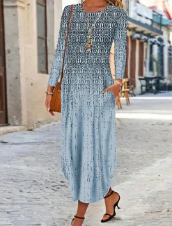 Clearance Women's Maxi Dress Ethnic Dress Print Dress Spring Dress Vintage Ethnic Tribal Outdoor Vacation Daily Regular Fit Floral Tribal Long Sleeve Crew Neck White Yellow Wine Blue Summer Spring Fall Women T Shirt Dresses
