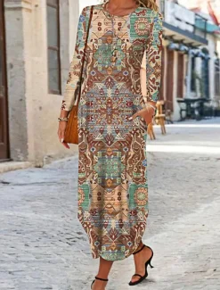 Clearance Women's Maxi Dress Ethnic Dress Print Dress Spring Dress Vintage Ethnic Tribal Outdoor Vacation Daily Regular Fit Floral Tribal Long Sleeve Crew Neck White Yellow Wine Blue Summer Spring Fall Women T Shirt Dresses
