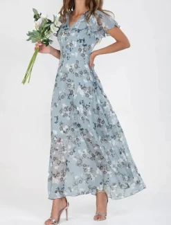 Clearance Women's Maxi Dress Floral Print V-Neck Flutter Sleeve Flowy Blue White Elegant Wedding Guest Garden Party Summer Spring Feminine Silhouette Lightweight Comfortable Various Sizes Women Floral Dresses