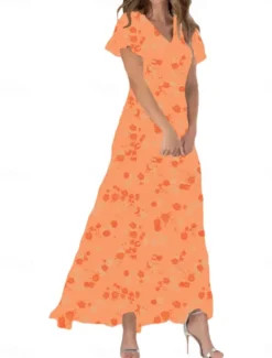 Clearance Women's Maxi Dress Floral Print V-Neck Flutter Sleeve Flowy Blue White Elegant Wedding Guest Garden Party Summer Spring Feminine Silhouette Lightweight Comfortable Various Sizes Women Floral Dresses