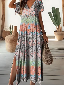 Outlet Women's Maxi Dress Floral Ditsy Floral Split Print V Neck Daily Vacation Short Sleeve Summer Spring Women Spring Dresses