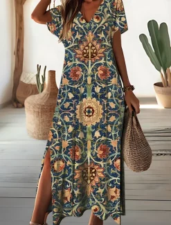 Outlet Women's Maxi Dress Floral Ditsy Floral Split Print V Neck Daily Vacation Short Sleeve Summer Spring Women Spring Dresses