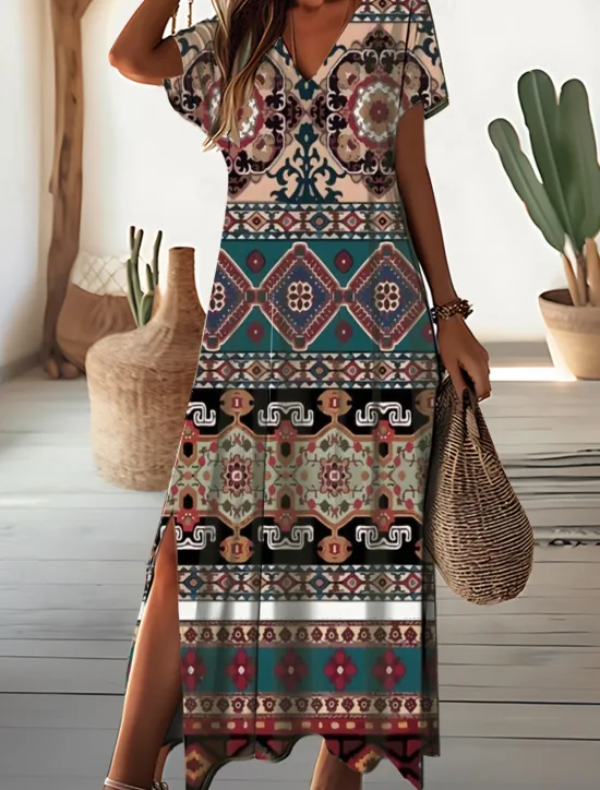 Outlet Women's Maxi Dress Floral Ditsy Floral Split Print V Neck Daily Vacation Short Sleeve Summer Spring Women Spring Dresses
