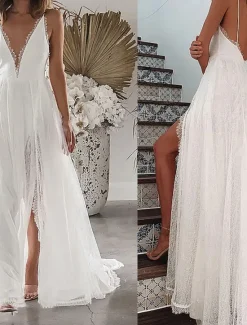 Outlet Women's Maxi Dress Graduation Dress Casual Dress A Line Dress Summer Dress Stylish Sexy Vacation Daily Date Regular Fit Plain Sleeveless V Neck Summer Women White Dresses