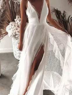Outlet Women's Maxi Dress Graduation Dress Casual Dress A Line Dress Summer Dress Stylish Sexy Vacation Daily Date Regular Fit Plain Sleeveless V Neck Summer Women White Dresses