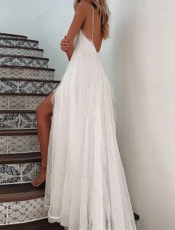 Outlet Women's Maxi Dress Graduation Dress Casual Dress A Line Dress Summer Dress Stylish Sexy Vacation Daily Date Regular Fit Plain Sleeveless V Neck Summer Women White Dresses