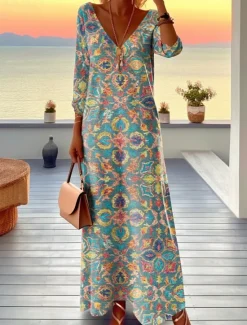 Best Women's Maxi Dress Graphic Print V Neck Long Dress Daily Date Long Sleeve Spring Fall Women Vacation Dresses