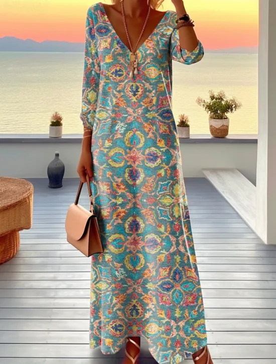 Best Women's Maxi Dress Graphic Print V Neck Long Dress Daily Date Long Sleeve Spring Fall Women Vacation Dresses