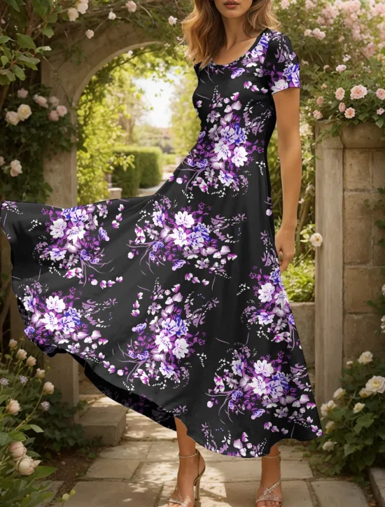 Online Women's Maxi Dress Knit Dress Casual Dress A Line Dress Summer Dress Elegant Vacation Casual Regular Fit Floral Graphic Short Sleeve Square Neck Scoop Neck Yellow Red Blue Purple Summer Spring Women Vacation Dresses