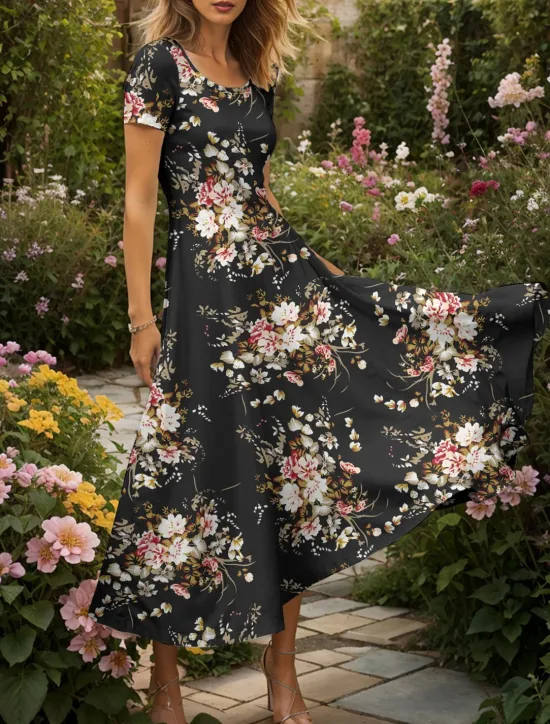 Online Women's Maxi Dress Knit Dress Casual Dress A Line Dress Summer Dress Elegant Vacation Casual Regular Fit Floral Graphic Short Sleeve Square Neck Scoop Neck Yellow Red Blue Purple Summer Spring Women Vacation Dresses