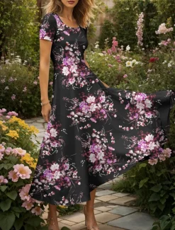 Online Women's Maxi Dress Knit Dress Casual Dress A Line Dress Summer Dress Elegant Vacation Casual Regular Fit Floral Graphic Short Sleeve Square Neck Scoop Neck Yellow Red Blue Purple Summer Spring Women Vacation Dresses