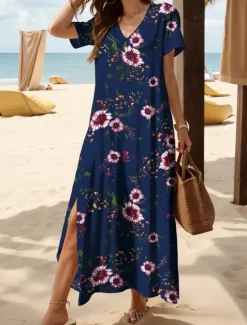 Women's Maxi Dress Knit Dress Casual Dress Sundress A Line Dress Elegant Vacation Casual Beach Regular Fit Floral Graphic Short Sleeve V Neck Dark Brown Red Blue Purple Summer Spring Women Vacation Dresses