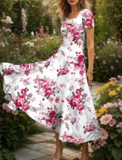 New Women's Maxi Dress Knit Dress Casual Dress A Line Dress Summer Dress Elegant Vacation Casual Regular Fit Floral Graphic Short Sleeve Square Neck Scoop Neck Black Yellow Red Blue Summer Spring Women Vacation Dresses