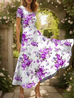 New Women's Maxi Dress Knit Dress Casual Dress A Line Dress Summer Dress Elegant Vacation Casual Regular Fit Floral Graphic Short Sleeve Square Neck Scoop Neck Black Yellow Red Blue Summer Spring Women Vacation Dresses