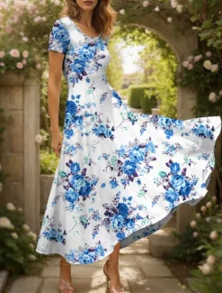New Women's Maxi Dress Knit Dress Casual Dress A Line Dress Summer Dress Elegant Vacation Casual Regular Fit Floral Graphic Short Sleeve Square Neck Scoop Neck Black Yellow Red Blue Summer Spring Women Vacation Dresses