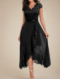 Clearance Women's Maxi Dress Lace Dress Cocktail Dress Wedding Guest Dress Chiffon Dress Elegant Formal Wedding Guest Cocktail Party Regular Fit Short Sleeve V Neck Black Pink Red Navy Blue Summer Women Cocktail Dress