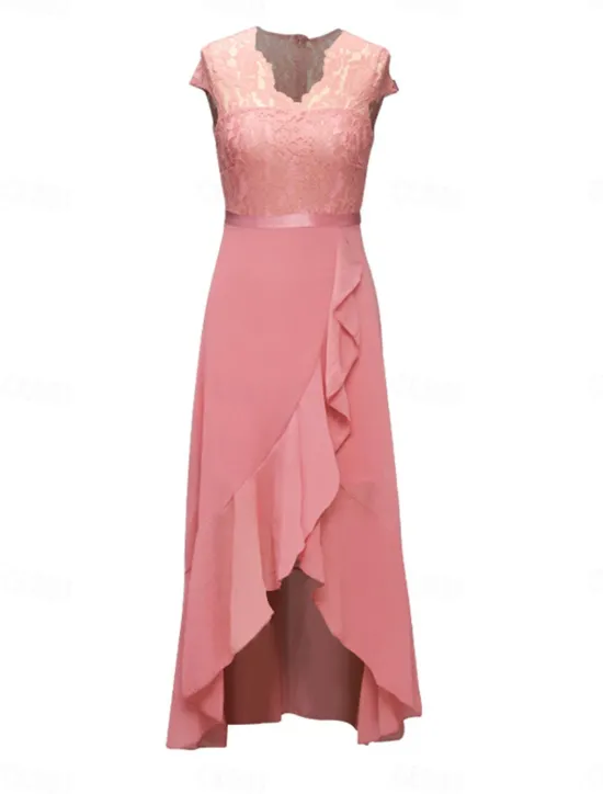 Clearance Women's Maxi Dress Lace Dress Cocktail Dress Wedding Guest Dress Chiffon Dress Elegant Formal Wedding Guest Cocktail Party Regular Fit Short Sleeve V Neck Black Pink Red Navy Blue Summer Women Cocktail Dress