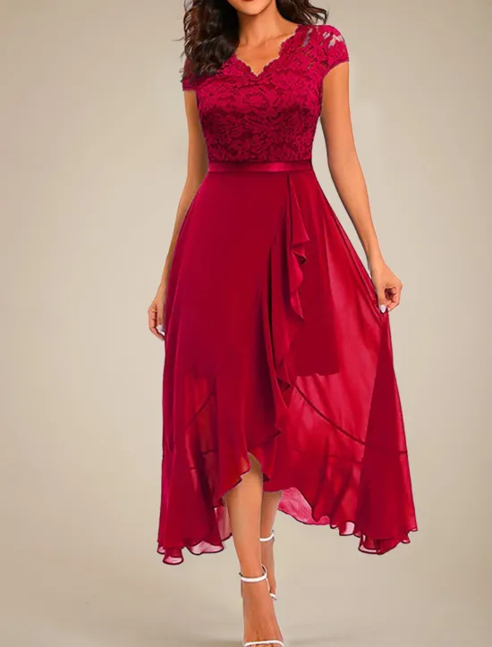 Clearance Women's Maxi Dress Lace Dress Cocktail Dress Wedding Guest Dress Chiffon Dress Elegant Formal Wedding Guest Cocktail Party Regular Fit Short Sleeve V Neck Black Pink Red Navy Blue Summer Women Cocktail Dress