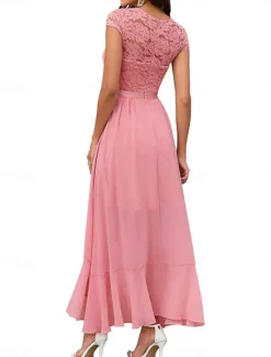 Clearance Women's Maxi Dress Lace Dress Cocktail Dress Wedding Guest Dress Chiffon Dress Elegant Formal Wedding Guest Cocktail Party Regular Fit Short Sleeve V Neck Black Pink Red Navy Blue Summer Women Cocktail Dress