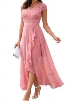 Clearance Women's Maxi Dress Lace Dress Cocktail Dress Wedding Guest Dress Chiffon Dress Elegant Formal Wedding Guest Cocktail Party Regular Fit Short Sleeve V Neck Black Pink Red Navy Blue Summer Women Cocktail Dress
